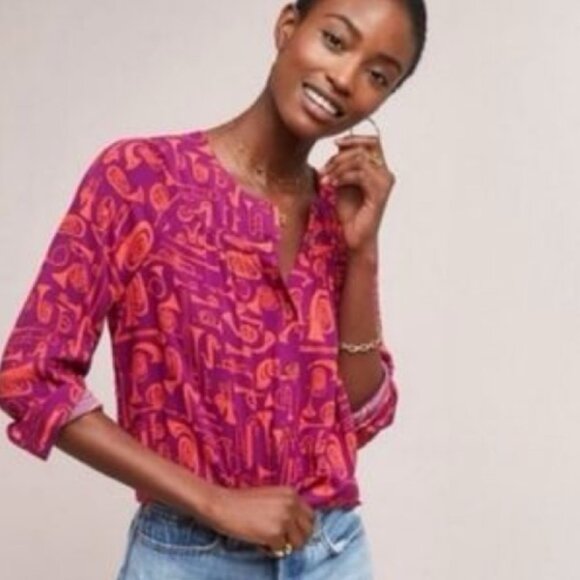 Anthropologie Toot Your Horn 22 of 52 Conversations Instrumet Shirt Blouse  Size - Picture 1 of 11